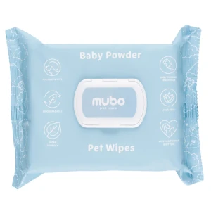 Mubo Baby Powder Pet Wipes 100 szt. – delikatne chusteczki dla psa i kota z aloesem, zapach dziecięcego pudru 15x30 cm
